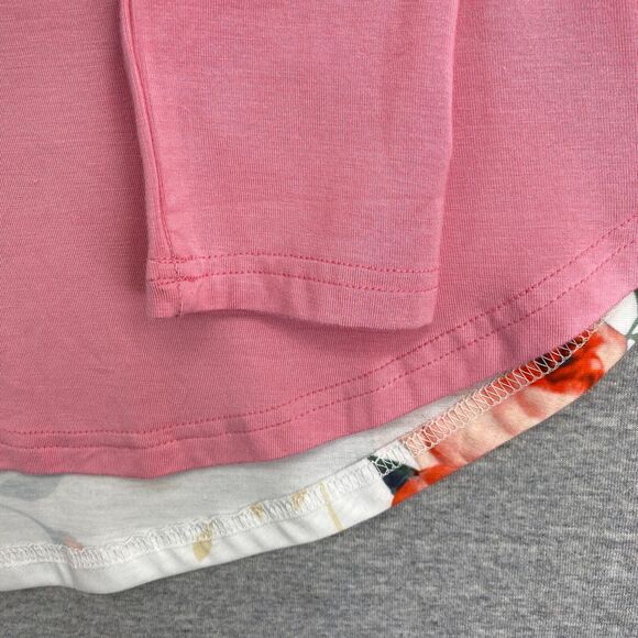 Blouse Womens Small Pink White Floral Top Long Sleeve Round Neck Curved Hemline - Picture 6 of 11